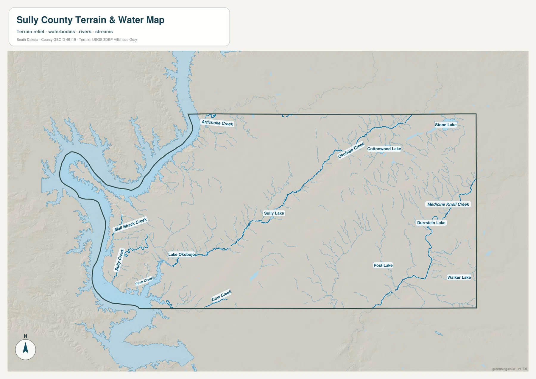 Sully County terrain and water map showing Lake Oahe tributaries, Okobojo Creek, Medicine Knoll Creek, and named lakes