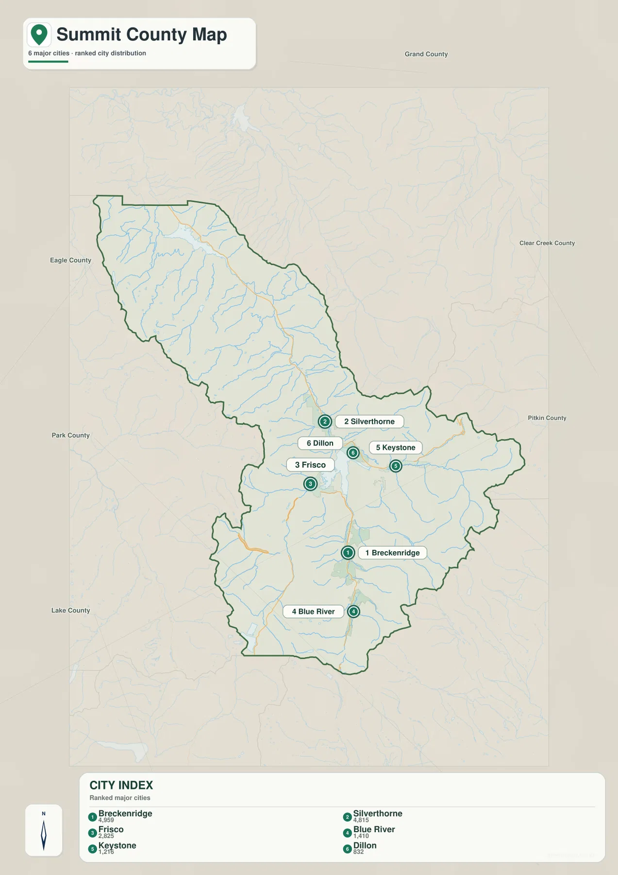 Breckenridge, Silverthorne, Frisco, Blue River, Keystone, Dillon의 순위와 위치를 보여 주는 Summit County 도시 지도