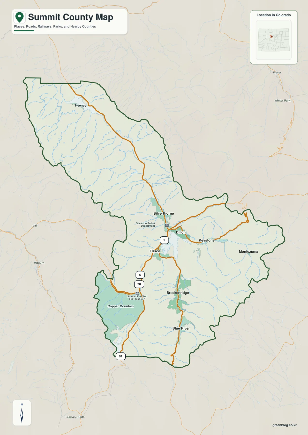 Summit County Colorado의 Breckenridge, Silverthorne, Frisco, Dillon, Keystone와 주요 도로 및 경계를 보여 주는 지도