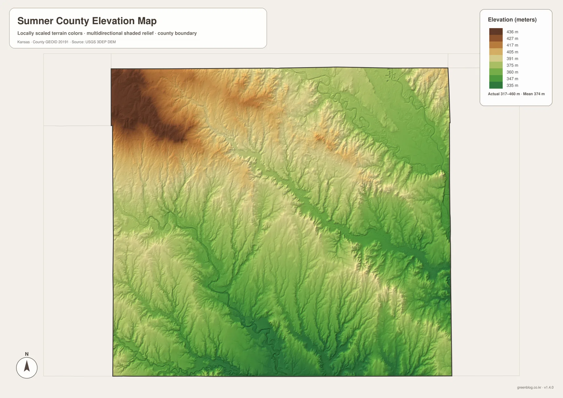 Sumner County Kansas elevation map showing 317 to 460 meter relief, higher northwest uplands and lower eastern river valleys
