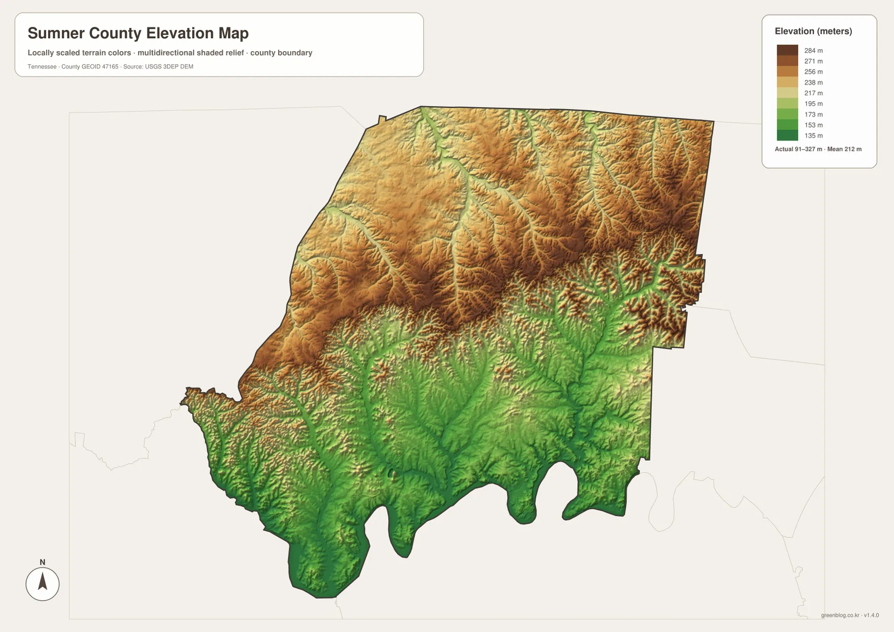 Sumner County elevation map showing the low southern lake area and higher northern ridges