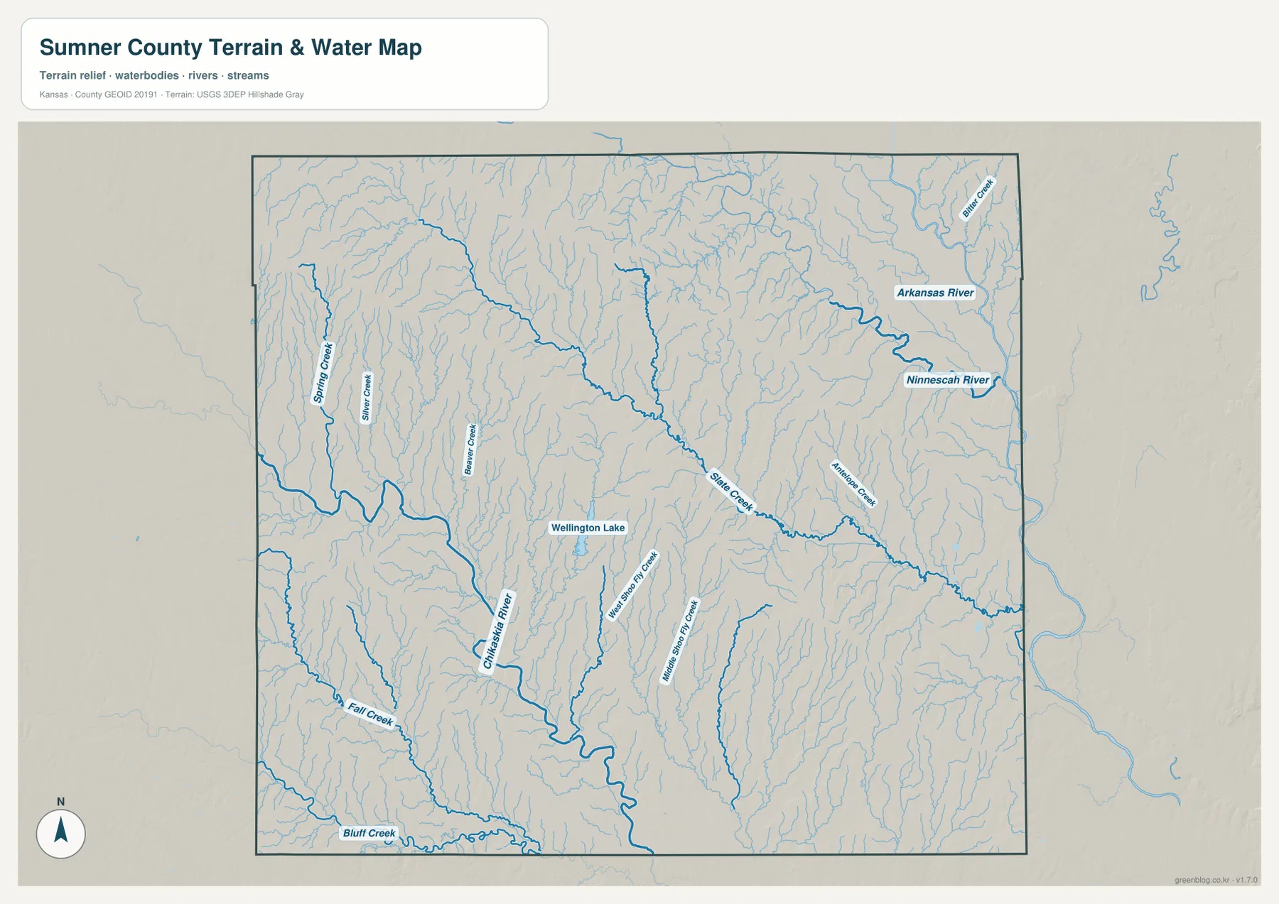 섬너 카운티 Arkansas River, Ninnescah River, Chikaskia River, Wellington Lake와 Slate Creek 수역 지도