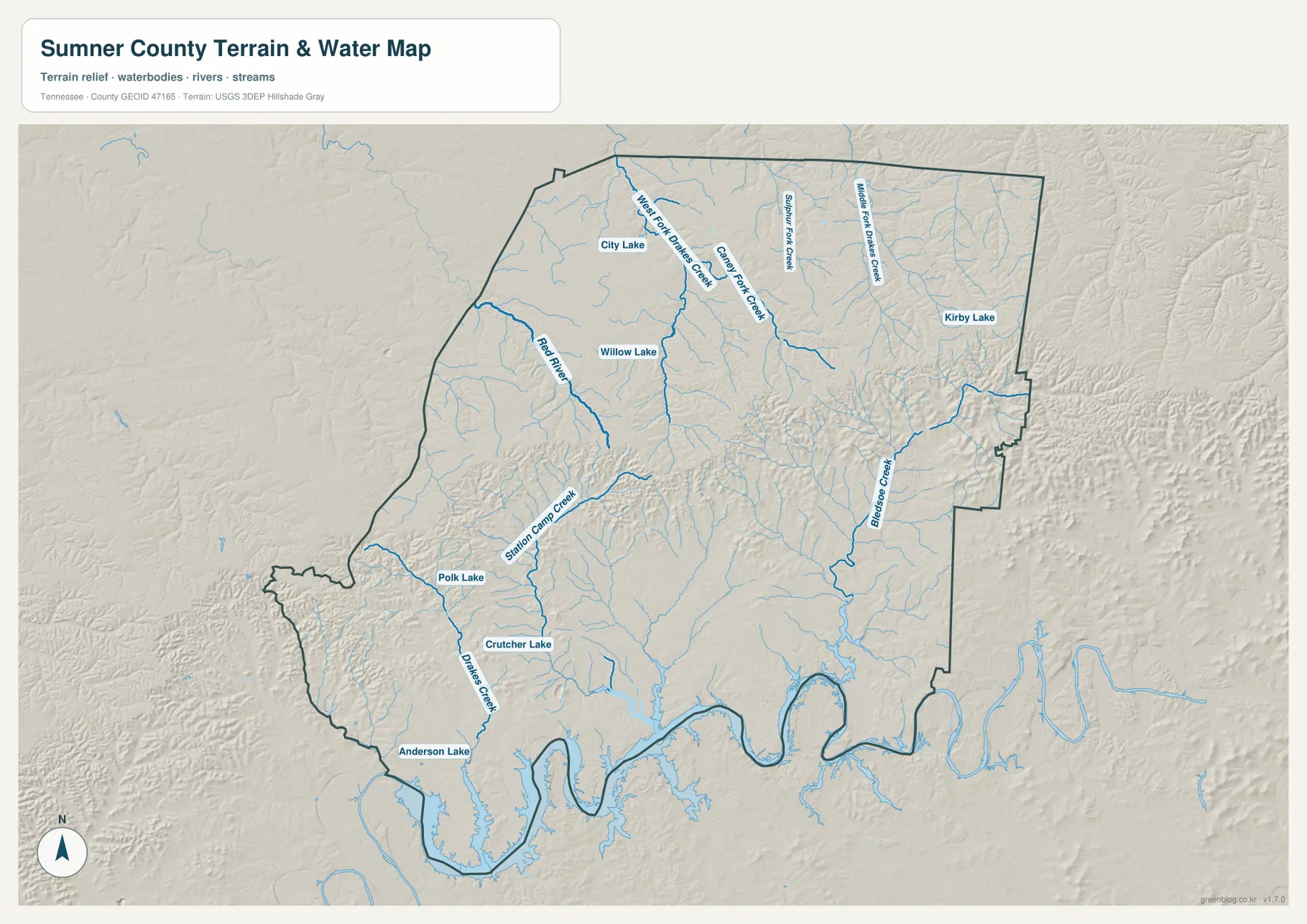 Sumner County water map showing Old Hickory Lake, Red River, Station Camp Creek, Drakes Creek, and Bledsoe Creek