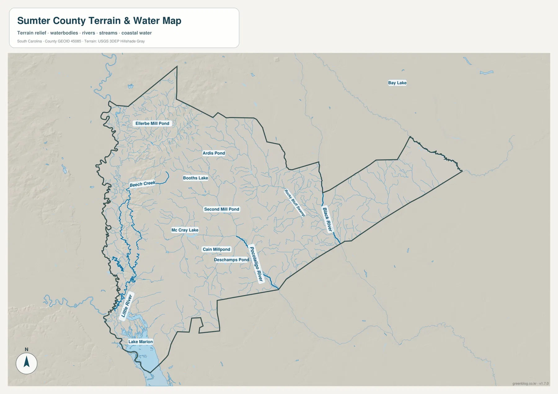 Sumter County terrain and water map with Little River, Lake Marion, Pocotaligo River, Black River, creeks and ponds