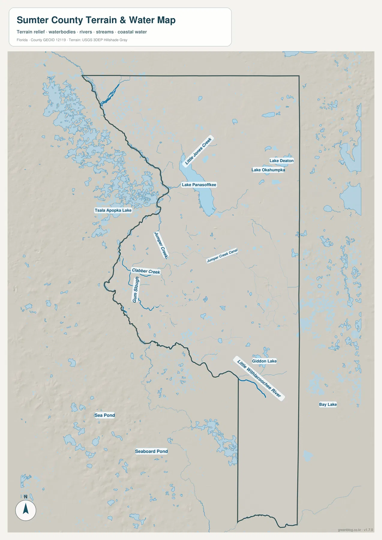 레이크파나소프키, Little Jones Creek, Jumper Creek, Gum Slough와 Little Withlacoochee River가 표시된 섬터 카운티 수역 지도