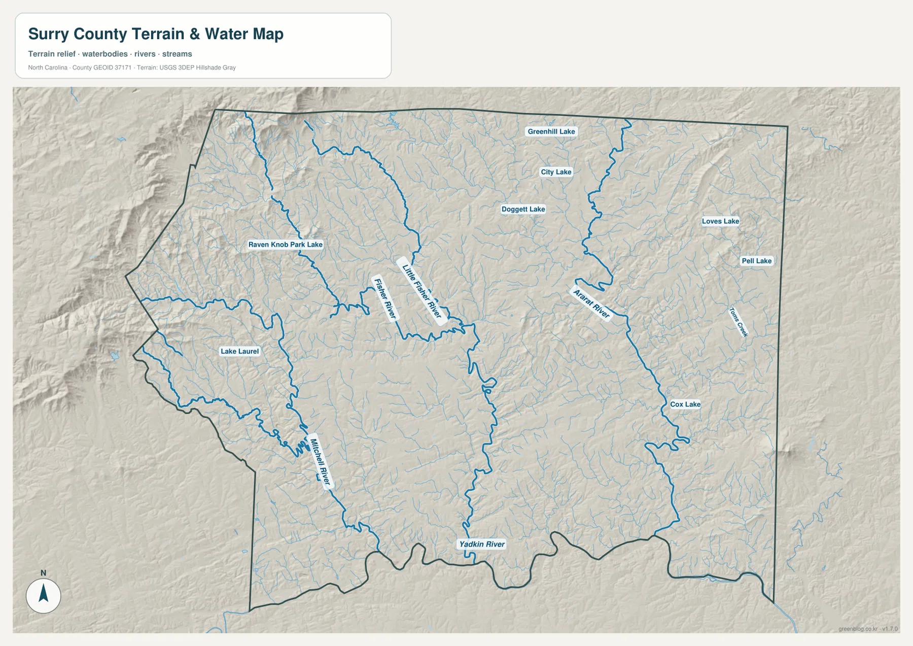 서리 카운티 Yadkin River Fisher River Ararat River Mitchell River 수역 지형 지도