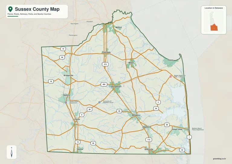델라웨어주 서식스 카운티(Sussex County) 지도 – Georgetown에서 Rehoboth Bay까지 이어지는 길과 물길
