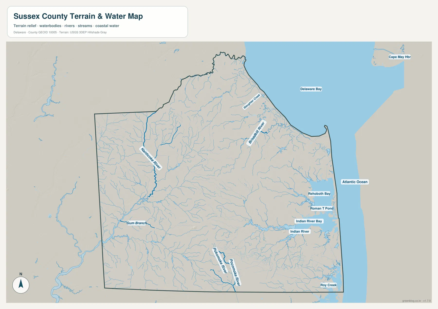 Nanticoke River, Broadkill River, Indian River, Rehoboth Bay, Indian River Bay, Delaware Bay가 표시된 서식스 카운티 수역 지도