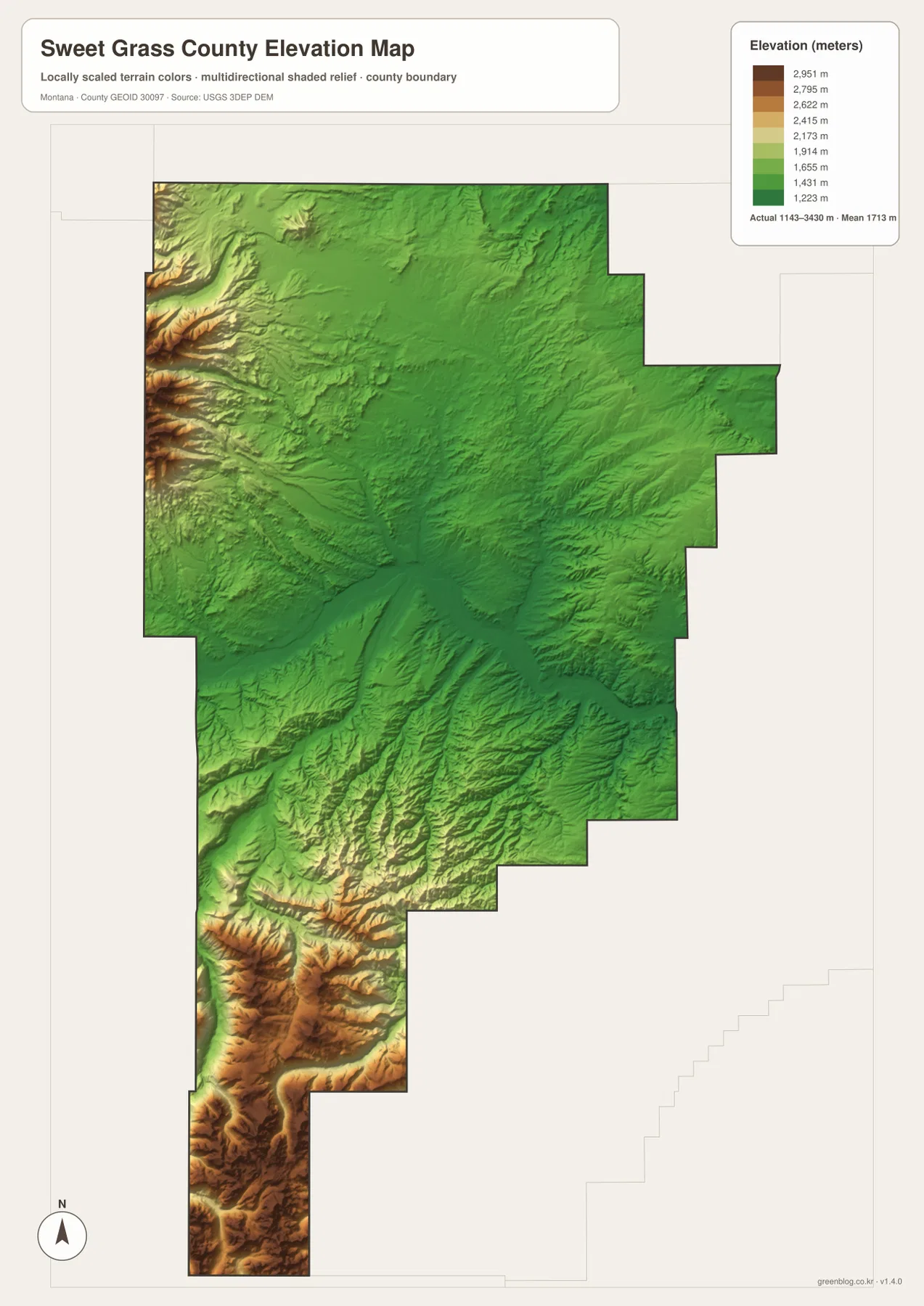 Sweet Grass County elevation map showing lower central valleys and high southern mountains
