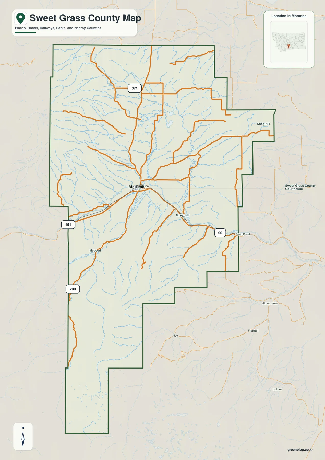 Sweet Grass County Montana map with Big Timber, roads, places, and county boundaries