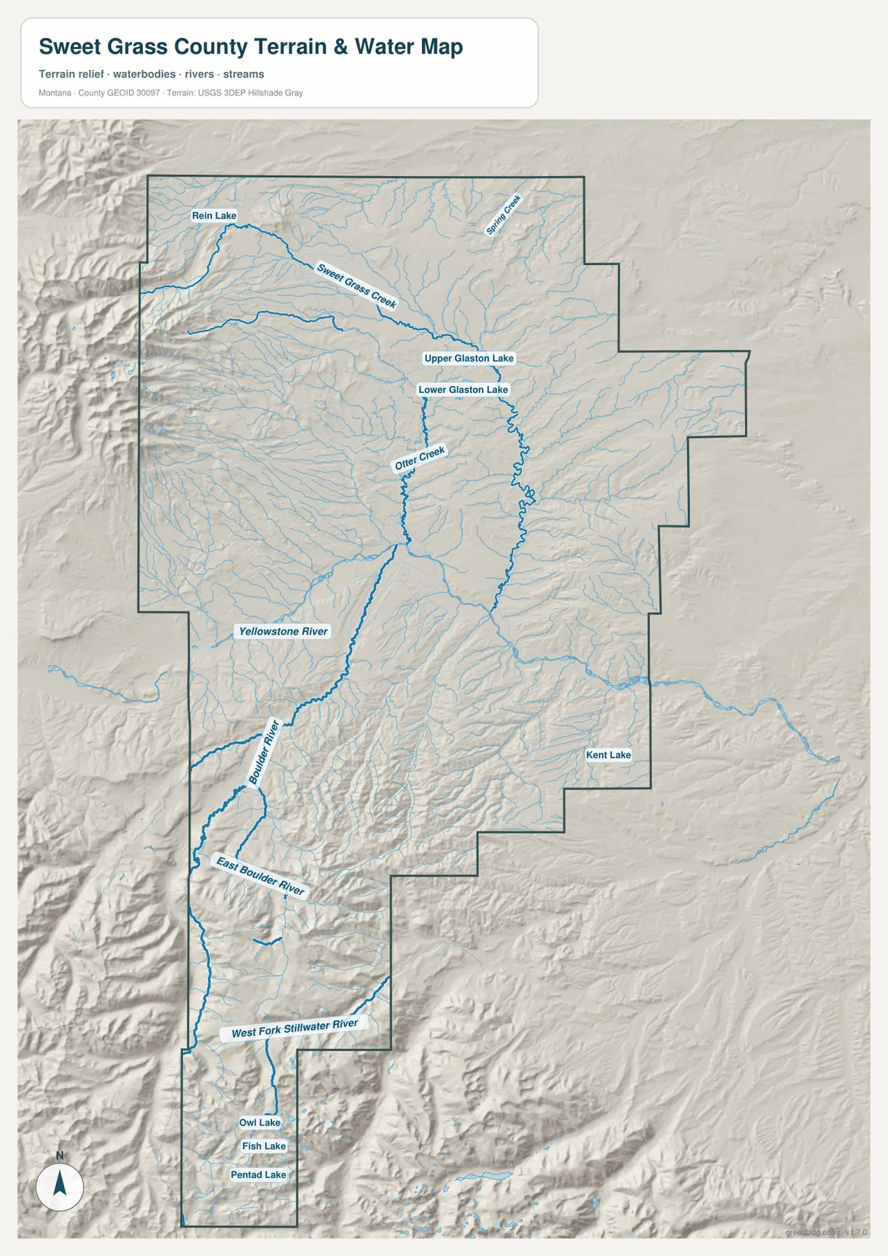 Sweet Grass County terrain and water map with Yellowstone River and Boulder River