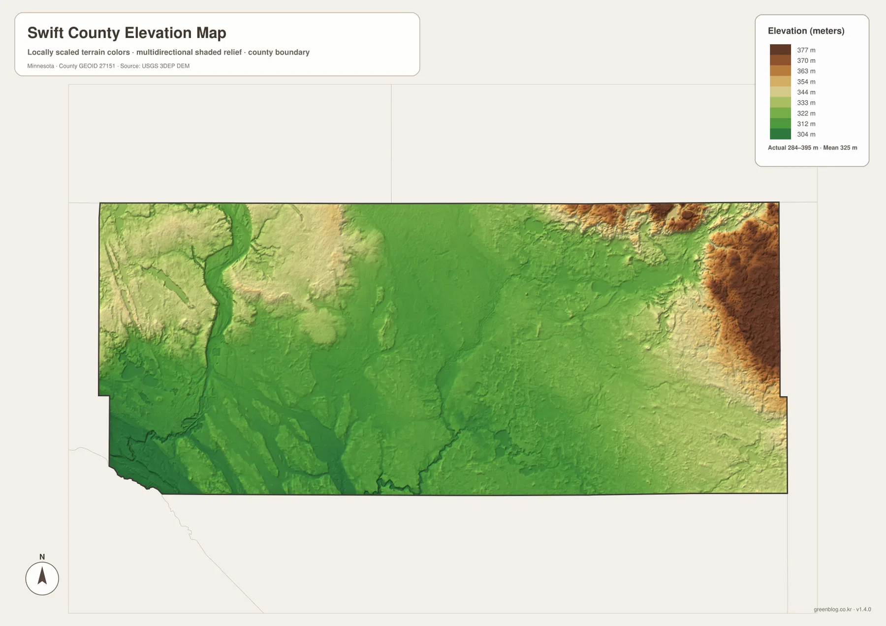 Swift County elevation map showing an actual range of about 284 to 395 meters