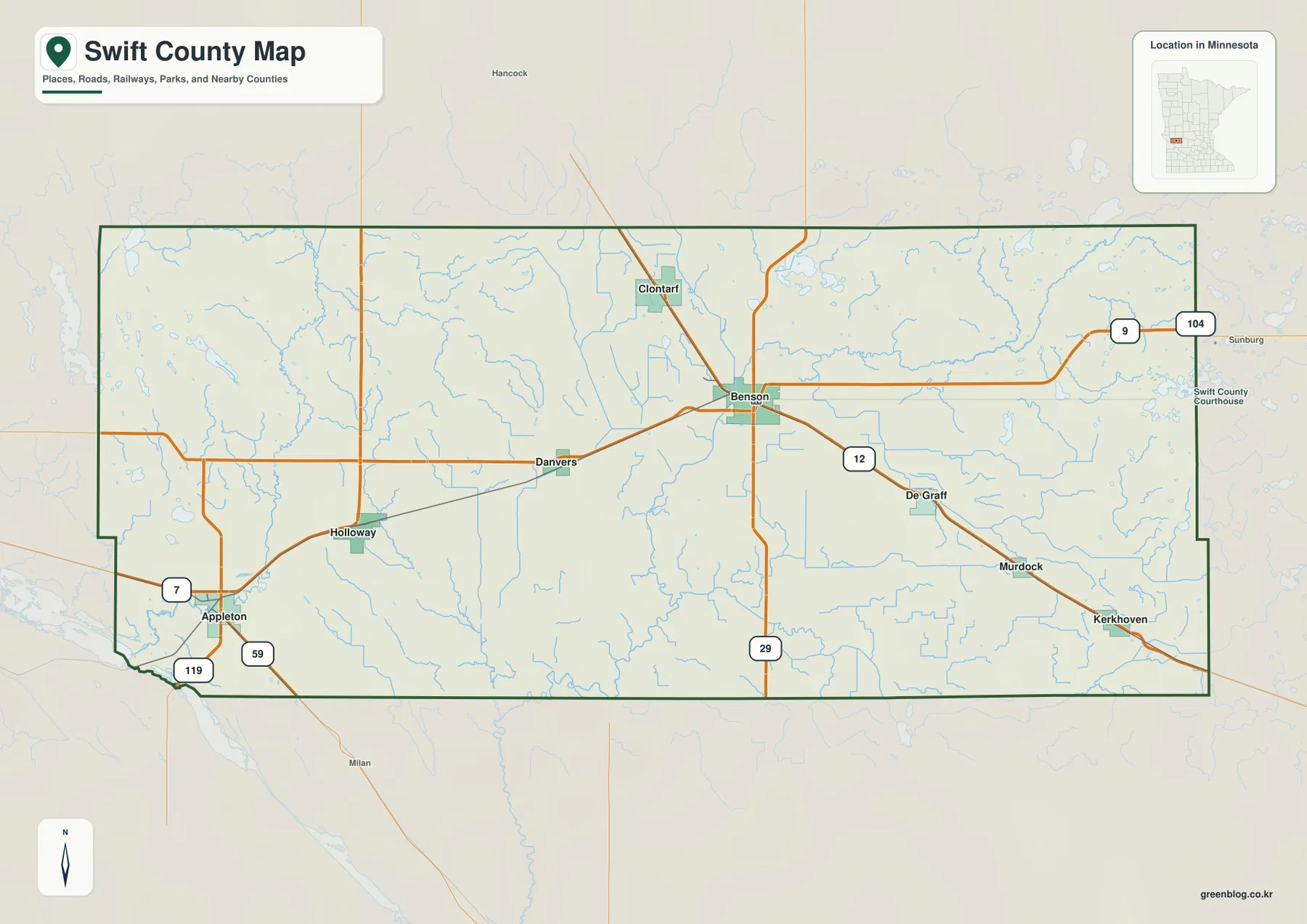Swift County map showing Benson, Appleton, Danvers, Holloway, Murdock, Kerkhoven and major highways