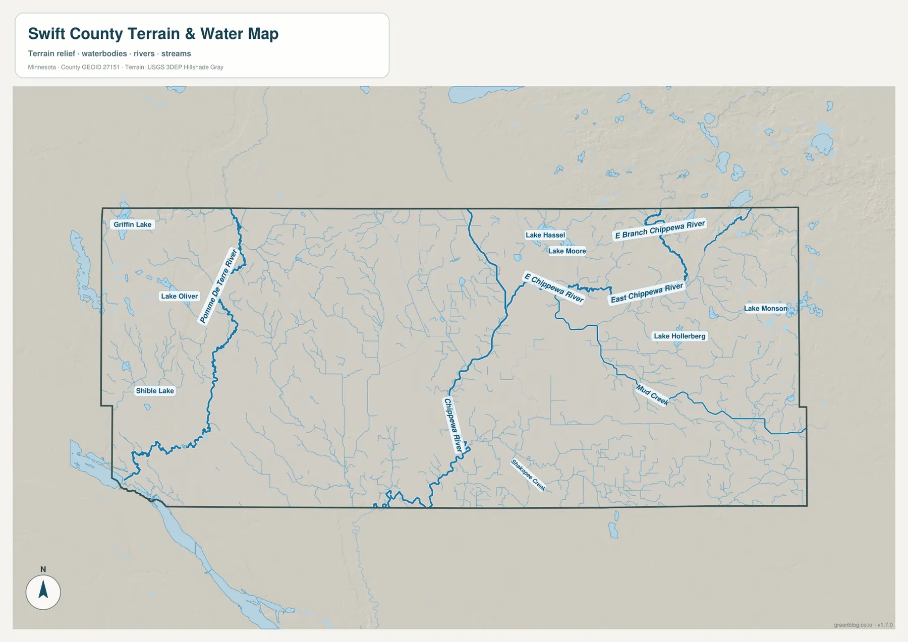 Swift County water map with the Pomme de Terre River, Chippewa River, East Chippewa River and named lakes