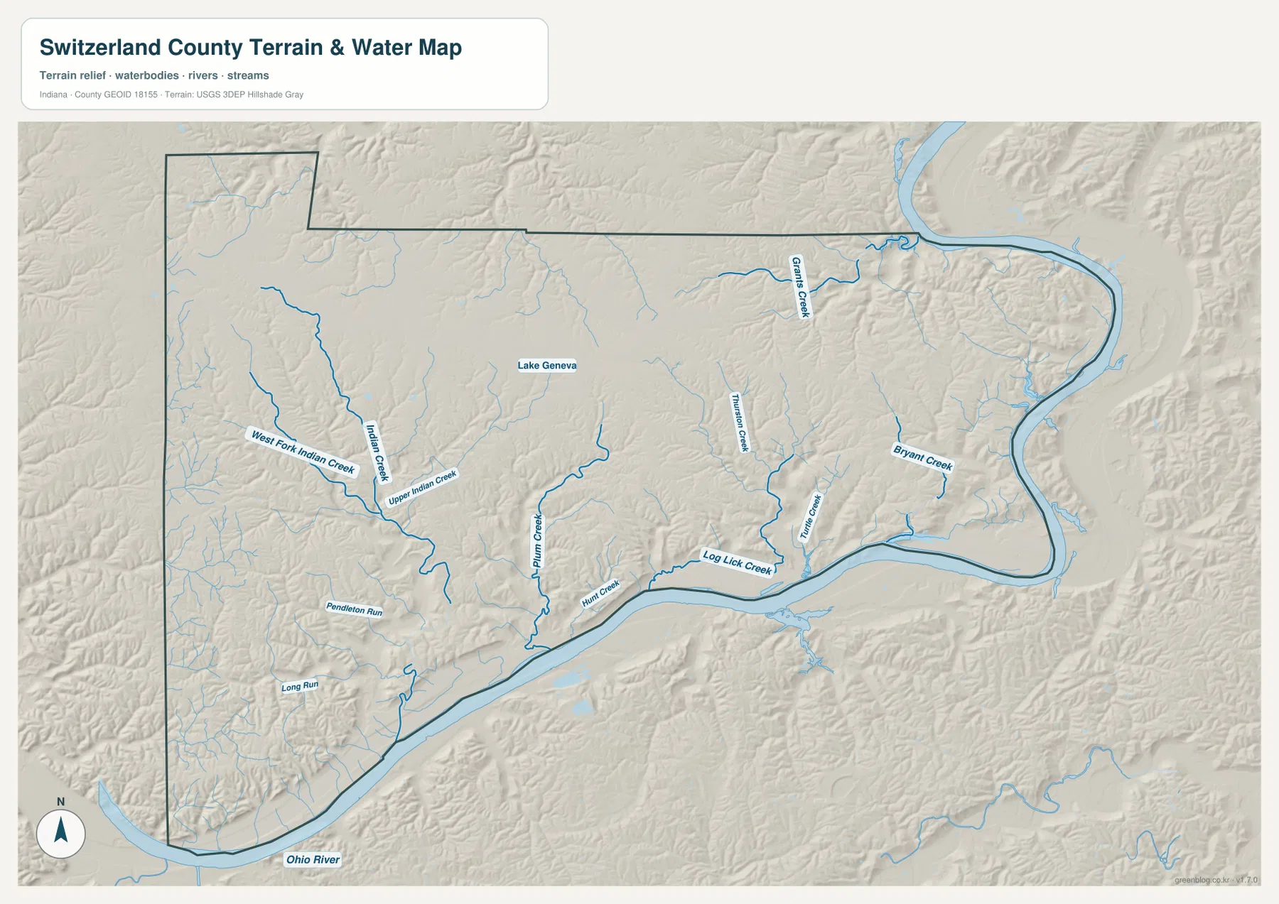 Switzerland County 수역 지도에 Ohio River, Indian Creek, West Fork Indian Creek, Upper Indian Creek, Plumb Creek, Log Lick Creek, Grants Creek, Bryan Creek와 Lake Geneva가 표시된 모습