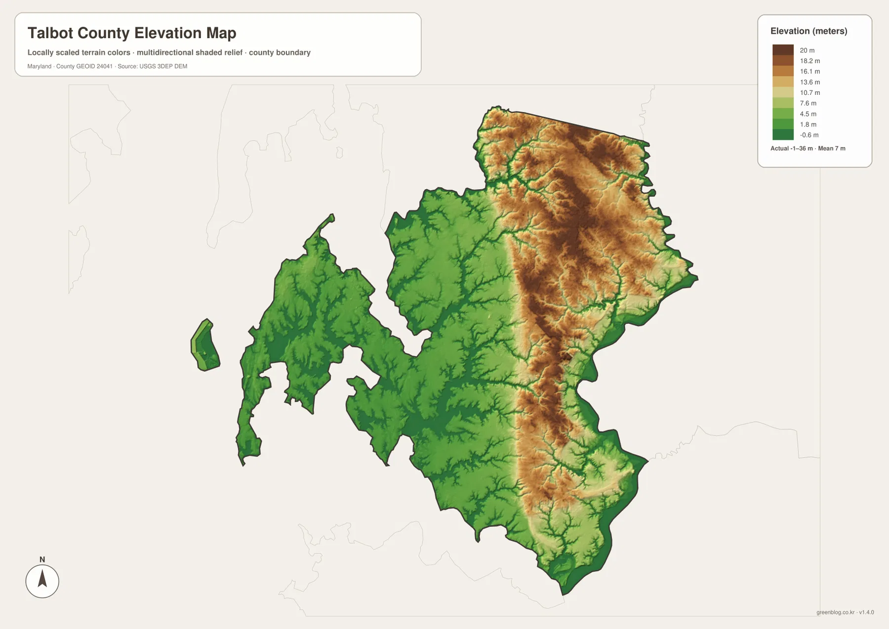 Talbot County Maryland elevation map showing relatively higher northeastern interior terrain and lower coastal land around St. Michaels, Tilghman Island, Oxford, Chesapeake Bay and Choptank River