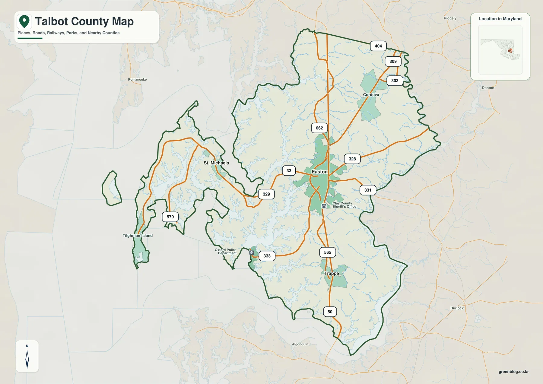 Talbot County Maryland map showing Easton, St. Michaels, Oxford, Trappe, Cordova, Tilghman Island, U.S. 50 and major state roads