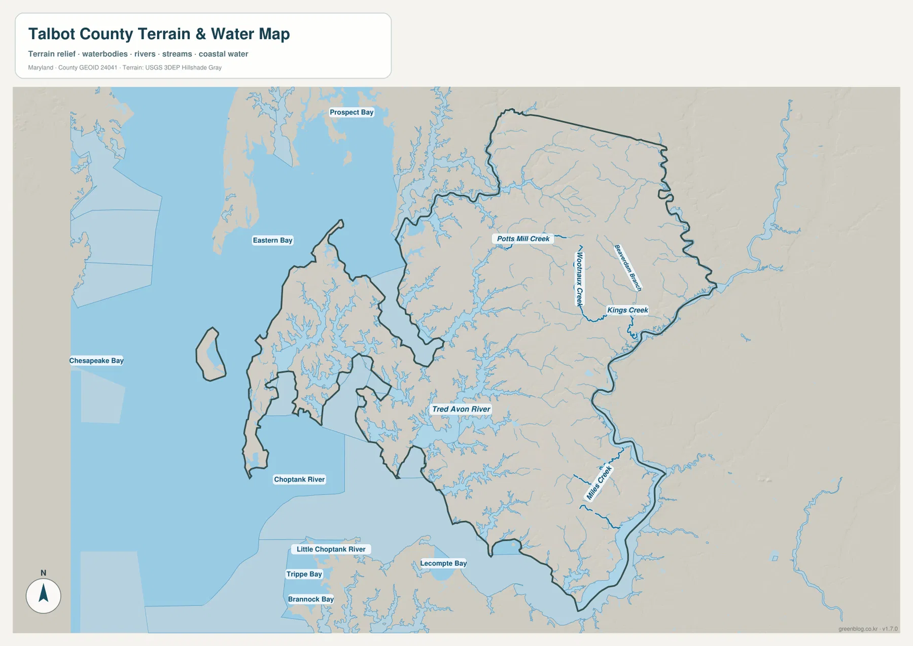 Talbot County Maryland terrain and water map showing Chesapeake Bay, Eastern Bay, Tred Avon River, Choptank River, Potts Mill Creek and Kings Creek