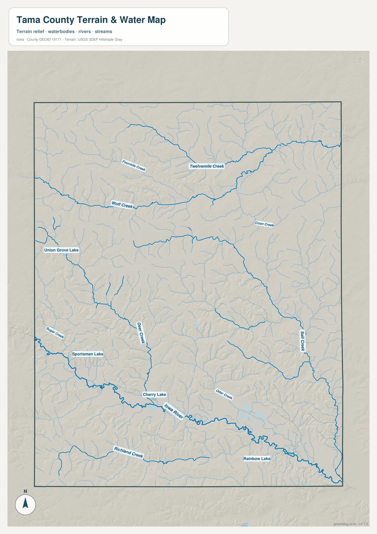 Iowa River, Wolf Creek과 여러 지류 및 호수를 표시한 타마 카운티 수역 지도