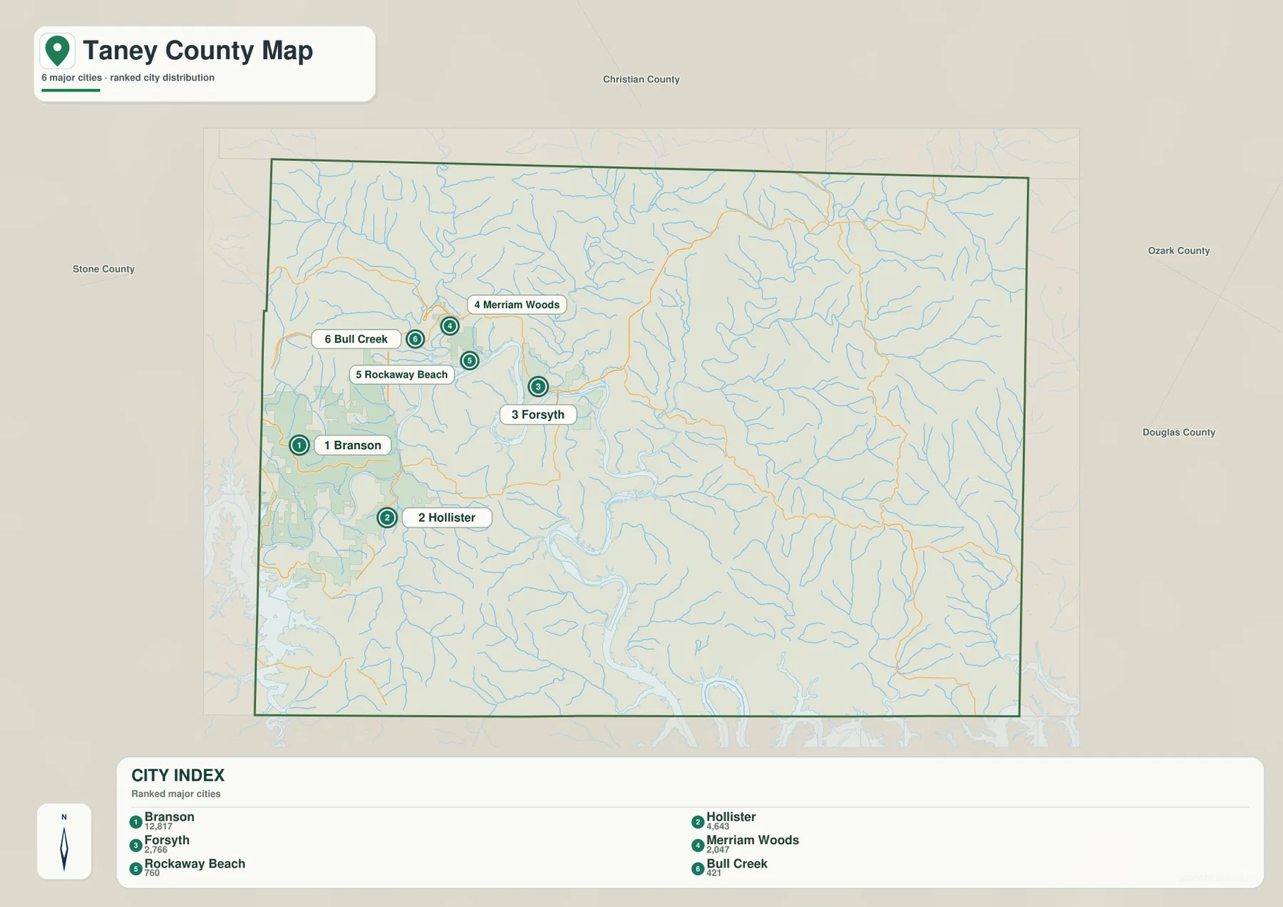Taney County city map showing Branson, Forsyth, Hollister, Merriam Woods, Rockaway Beach, and Bull Creek with ranked distribution