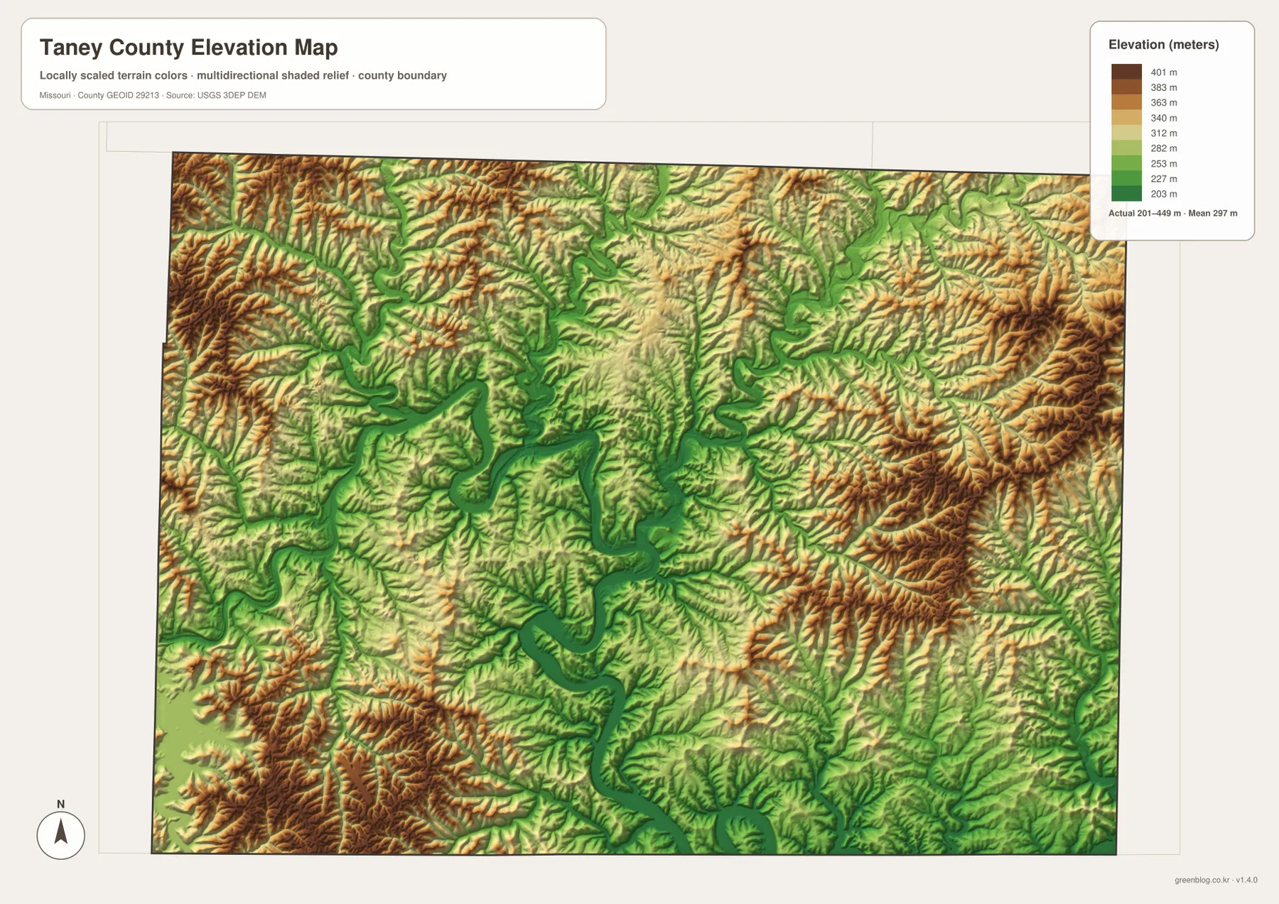 Taney County elevation map showing 201 to 449 meter relief, high Ozark ridges, and low Lake Taneycomo and White River valleys
