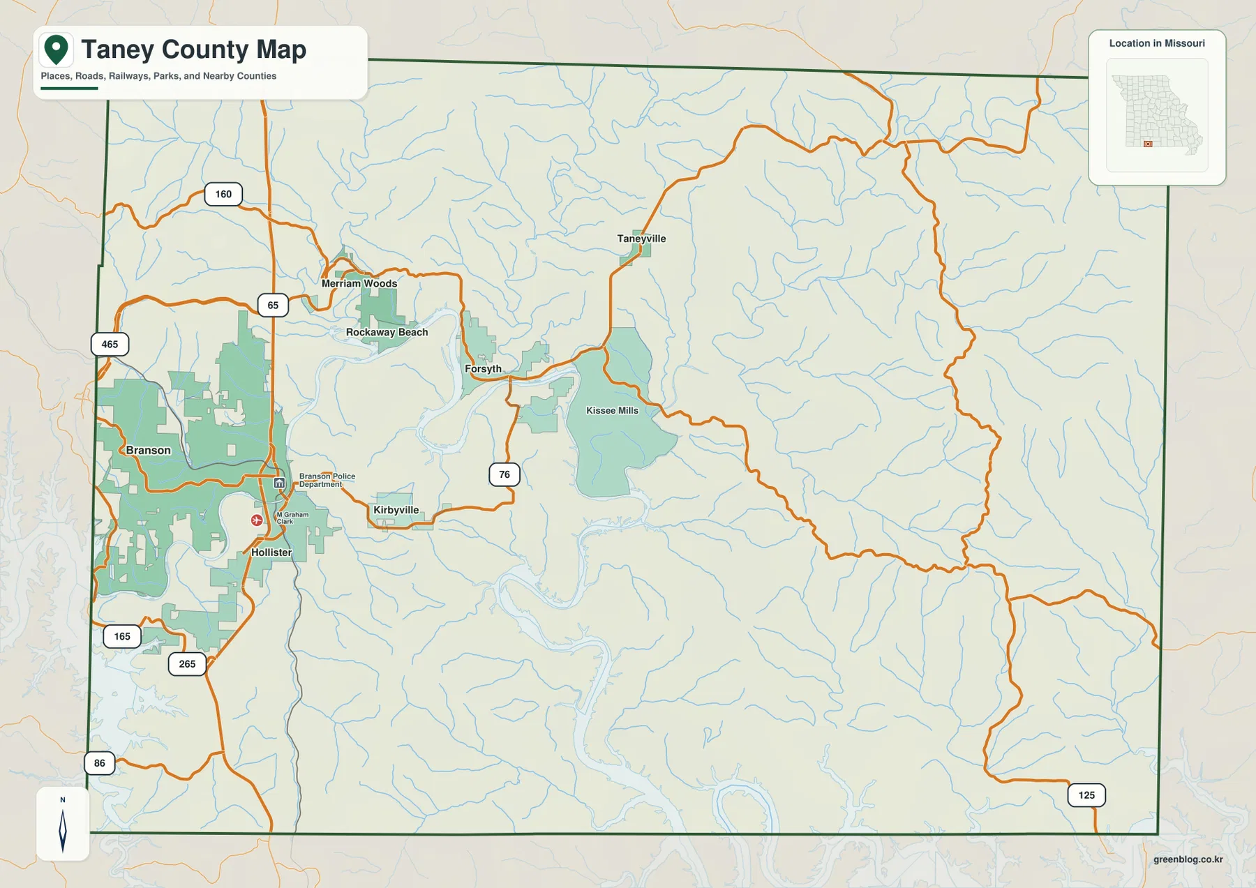 Taney County Missouri map showing Branson, Hollister, Forsyth, Merriam Woods, Rockaway Beach, U.S. 65, Route 76, Route 165, and Route 265