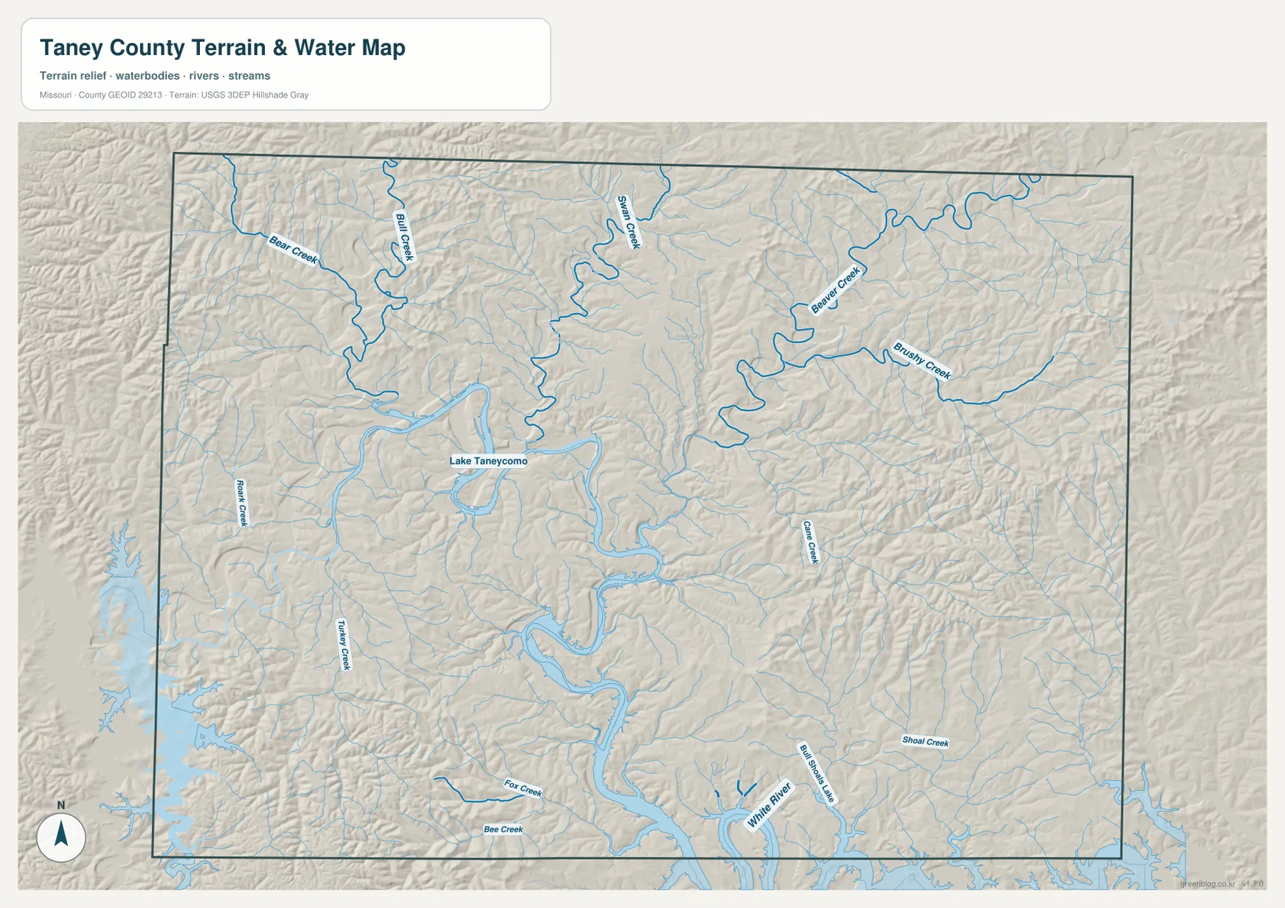 Taney County terrain and water map showing Lake Taneycomo, White River, Bull Creek, Swan Creek, Beaver Creek, and Brushy Creek