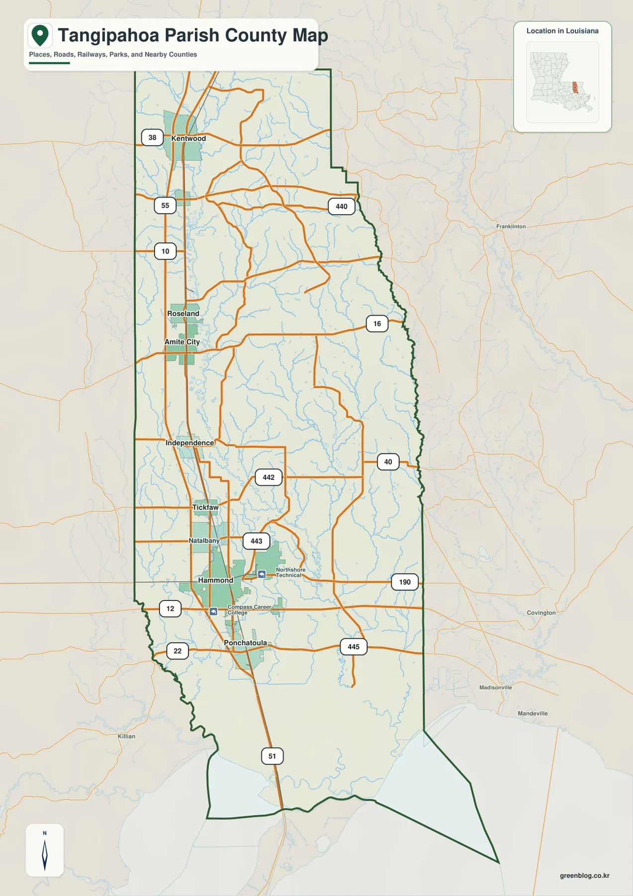 Kentwood, Amite City, Independence, Hammond, Ponchatoula와 I-55, I-12, U.S. 51, U.S. 190을 보여 주는 탠지퍼호아 패리시 지도