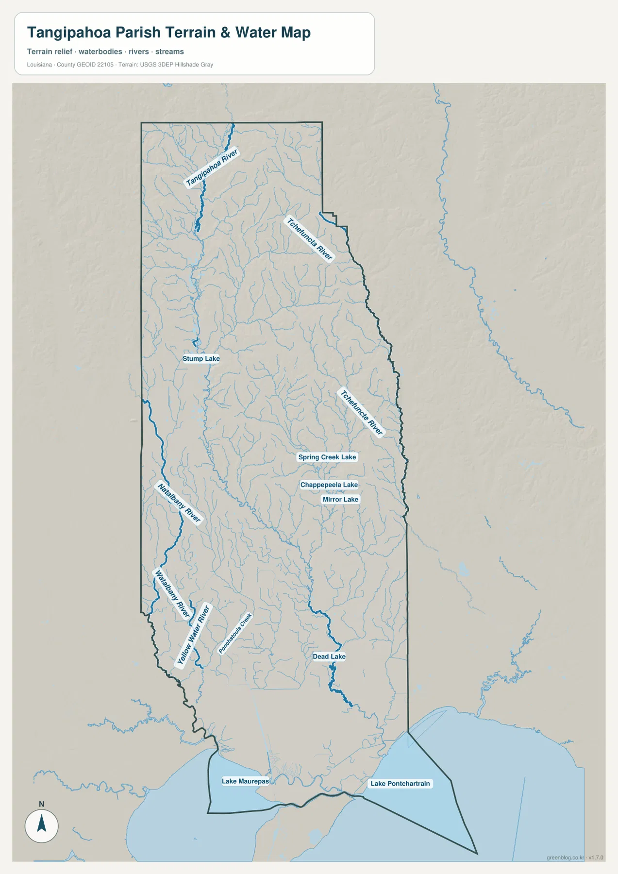 Tangipahoa River, Tchefuncte River, Natalbany River, Yellow Water River, Ponchatoula Creek, Lake Maurepas, Lake Pontchartrain를 보여 주는 Tangipahoa Parish 수역 지도