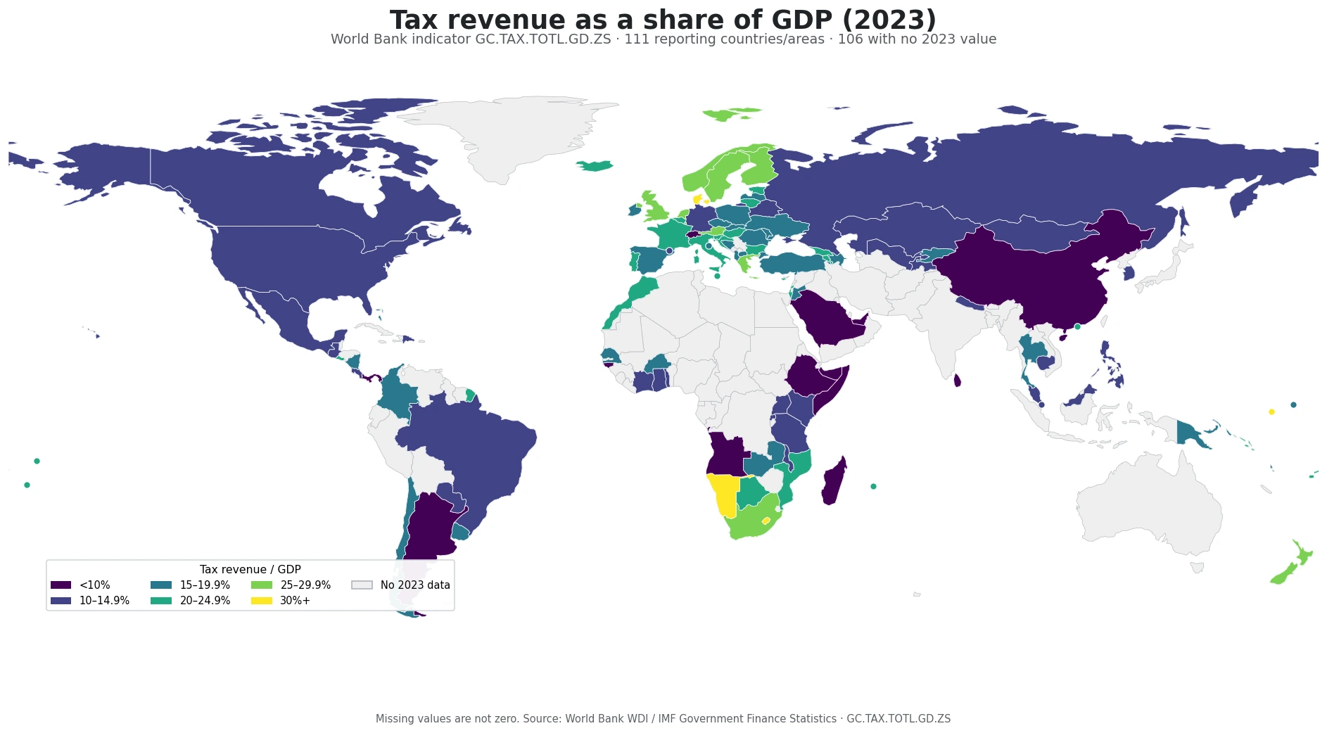 World map of tax revenue as a percentage of GDP in 2023