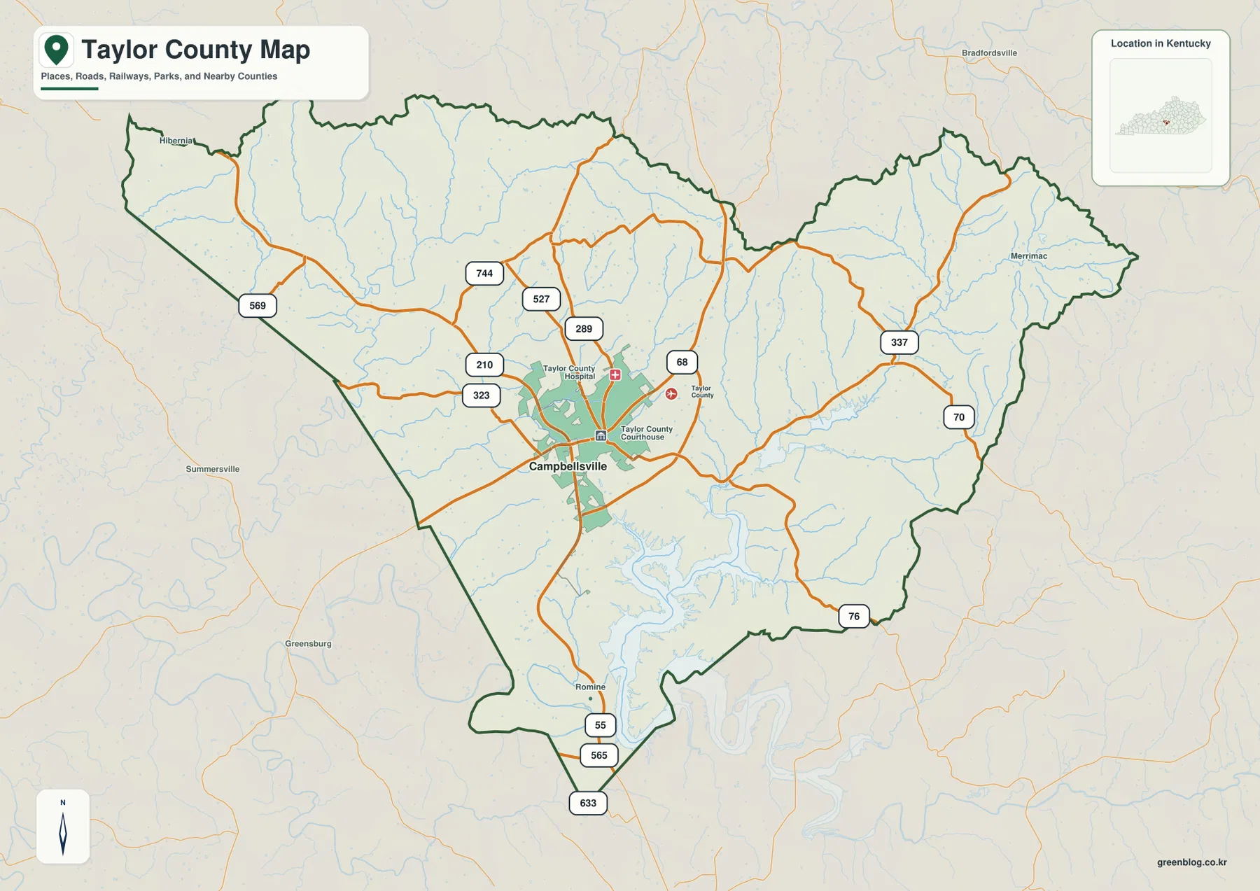 Taylor County 경계와 Campbellsville, KY 55, KY 210, KY 70, KY 68, KY 289, KY 337 등 주요 도로를 표시한 지도