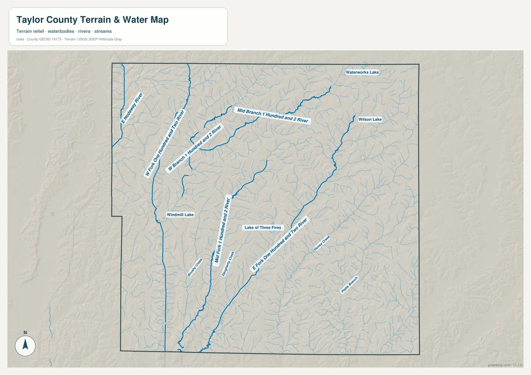 One Hundred and Two River 지류, East Nodaway River, Lake of Three Fires와 여러 호수를 보여 주는 테일러 카운티 수역 지도
