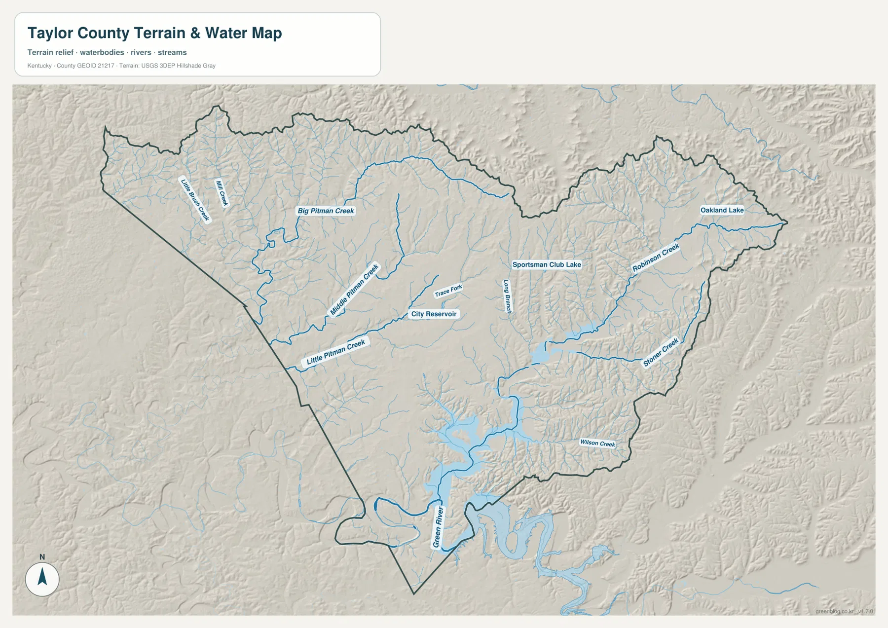 Taylor County의 Big Pitman Creek, Middle Pitman Creek, Little Pitman Creek, Robinson Creek, Stoner Creek, Wilson Creek, Green River와 여러 호수를 표시한 수역 지도