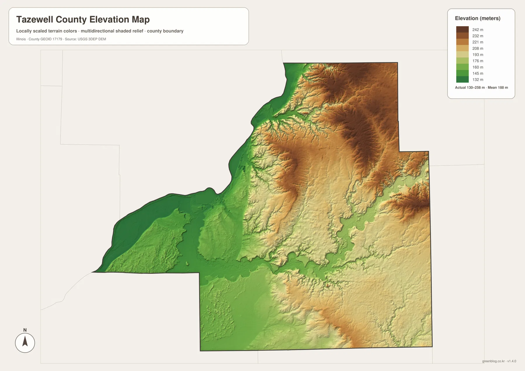 Tazewell County Illinois elevation map showing an actual range of about 130 to 258 meters, mean near 188 meters, Illinois River lowlands, and high northeastern terrain