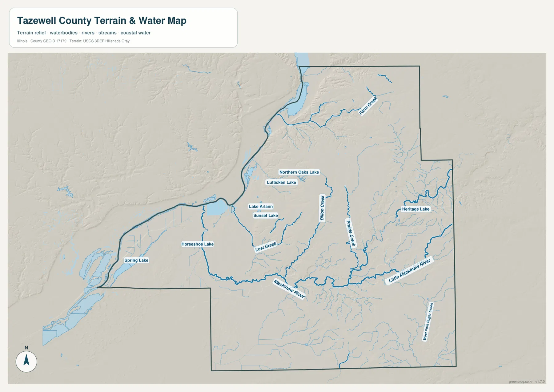 Tazewell County terrain and water map showing Illinois River, Mackinaw River, Little Mackinaw River, Farm Creek, Dillon Creek, Prairie Creek, and several lakes