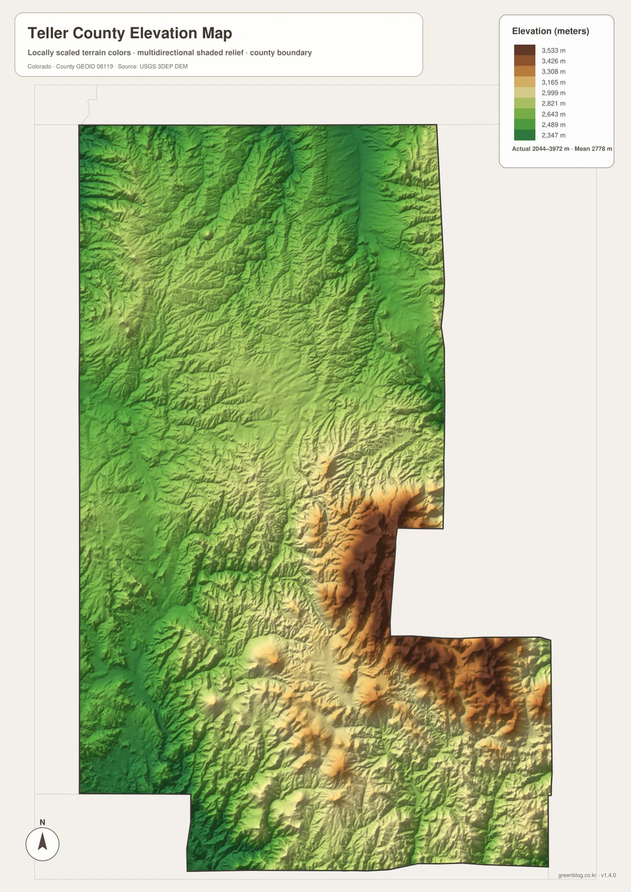 Teller County의 약 2044m에서 3972m 고도 범위와 Pikes Peak 서쪽 산악 지형을 보여 주는 고도 지도