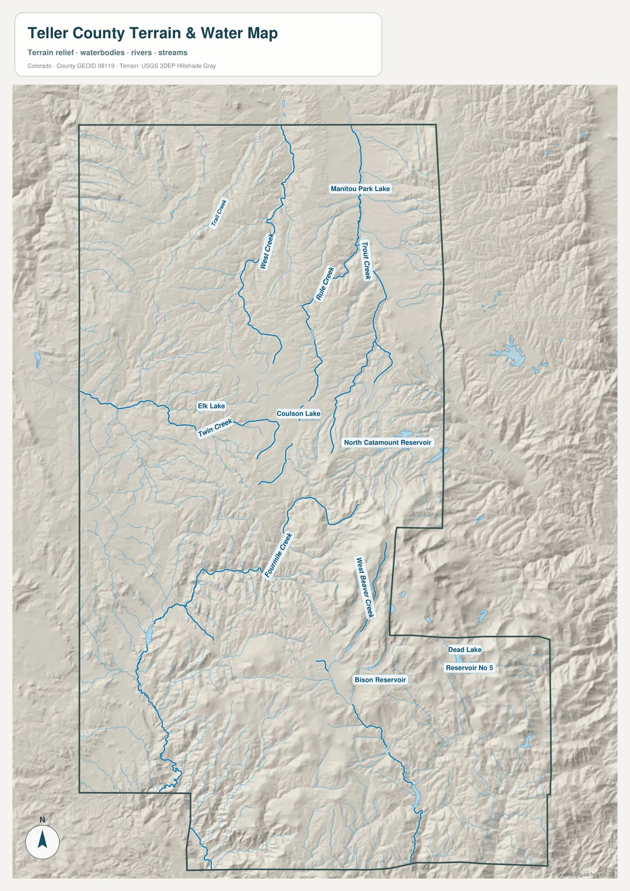 Teller County의 Trout Creek, West Creek, Twin Creek, Fourmile Creek와 Manitou Park Lake, North Catamount Reservoir를 보여 주는 수역 지도