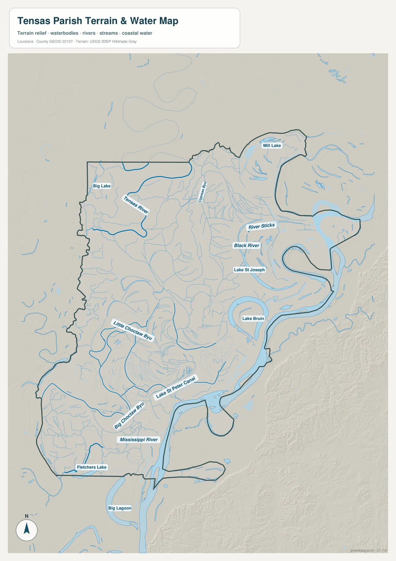 Mississippi River, Tensas River, Black River, Cypress Bayou, Lake St. Joseph, Lake Bruin, Little Choctaw Bayou, Big Choctaw Bayou를 보여 주는 Tensas Parish 수역 지도