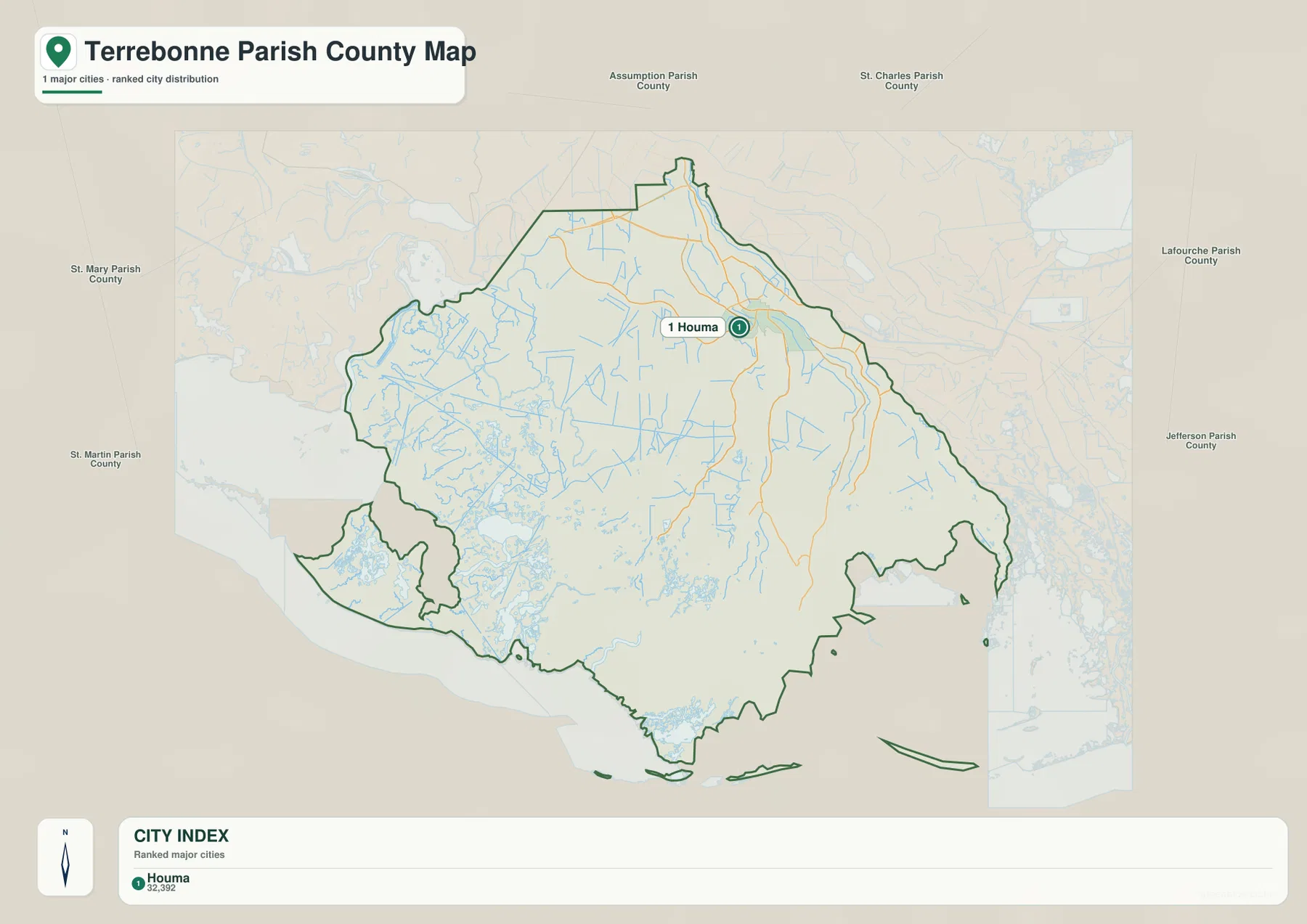 Terrebonne Parish ranked city map showing Houma as the number 1 selected major city