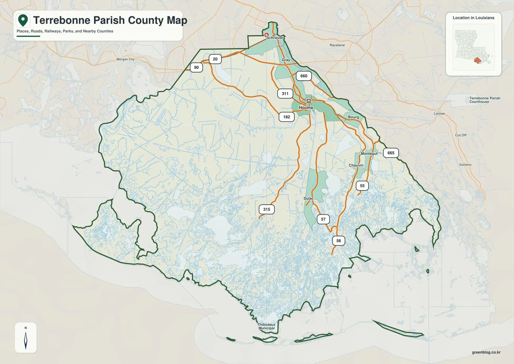 Terrebonne Parish map showing Houma, Gray, Schriever, Bourg, Montegut, Chauvin, Dulac, U.S. 90, LA 311, and LA 182