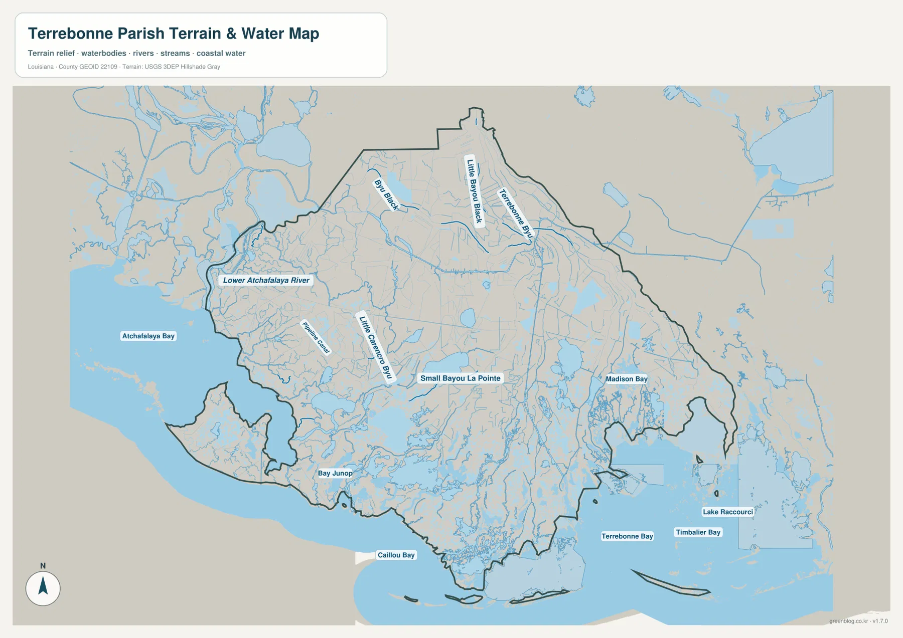 Terrebonne Parish water map showing Lower Atchafalaya River, Bayou Black, Little Bayou Black, Terrebonne Bayou, Little Carencro Bayou, Terrebonne Bay, Timbalier Bay, and Caillou Bay