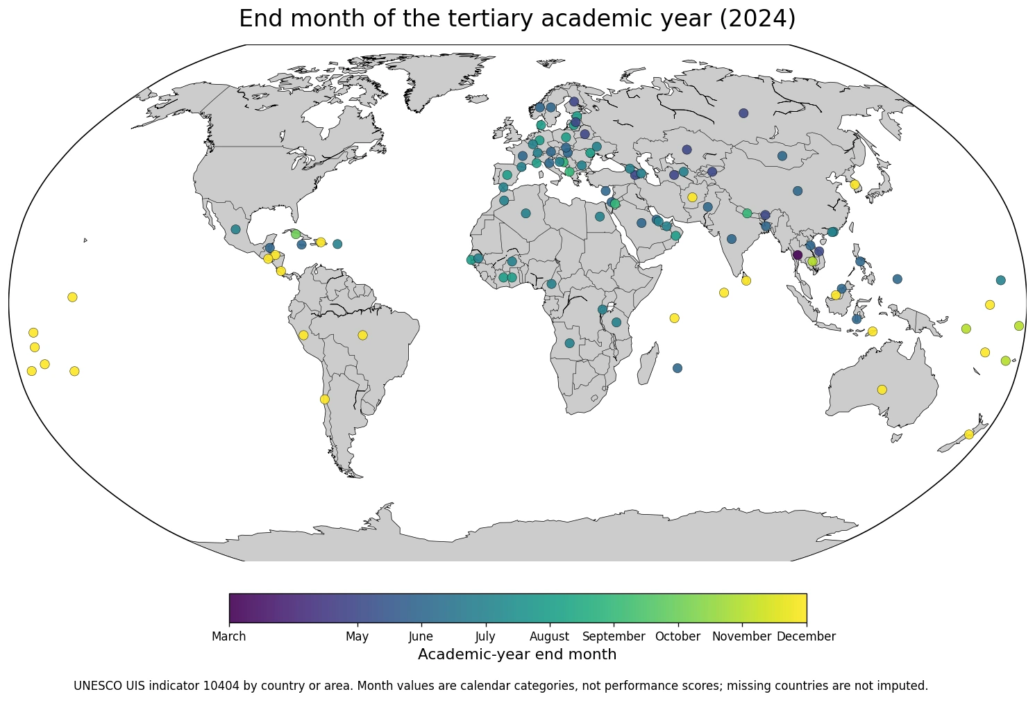 Map of the end month of the tertiary academic year by country in 2024