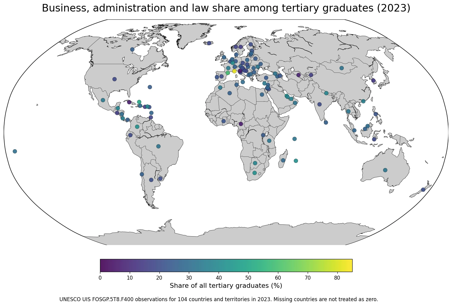 Map of the share of tertiary graduates completing Business, Administration and Law programmes in 2023
