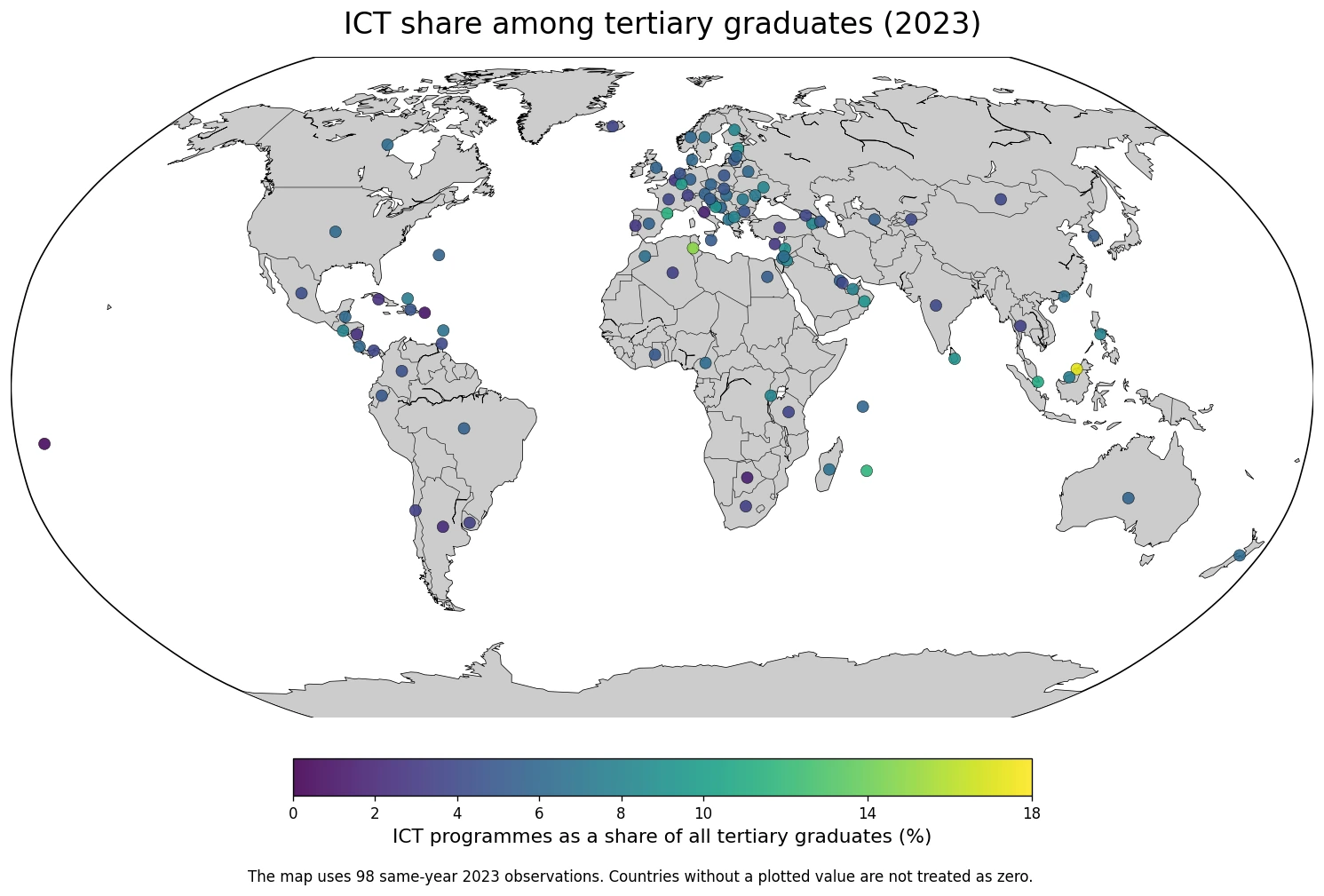 Map of the ICT share among tertiary graduates by country in 2023