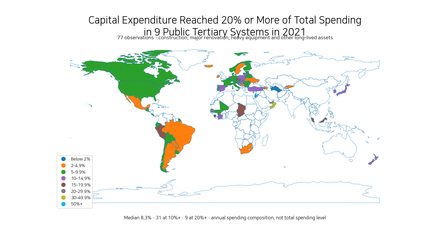 World map of capital expenditure as a share of total spending in public tertiary institutions in 2021
