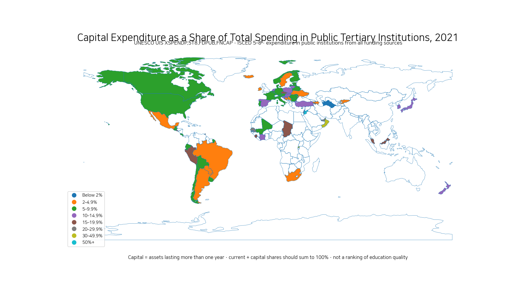 World map of capital expenditure as a share of total spending in public tertiary institutions in 2021