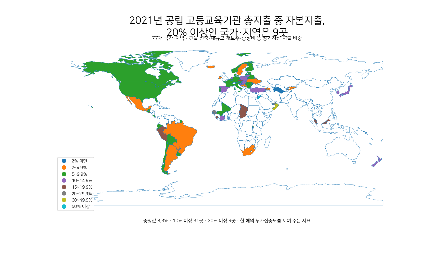 2021년 공립 고등교육기관 총지출 중 자본지출 비중을 국가별로 보여 주는 세계 지도