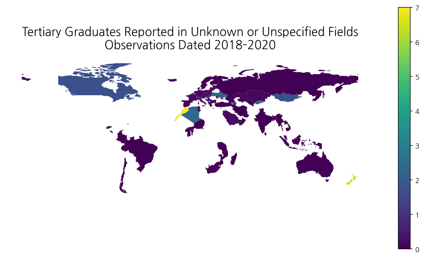 World map of the share of tertiary graduates reported in unknown or unspecified fields using observations dated 2018 to 2020