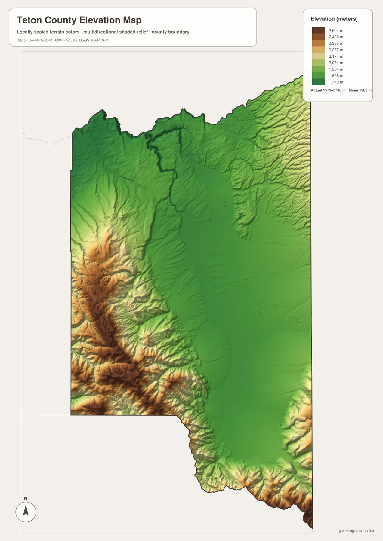Teton County Idaho elevation map showing the lower Teton Valley floor in green and higher western and southern mountain terrain in yellow and brown