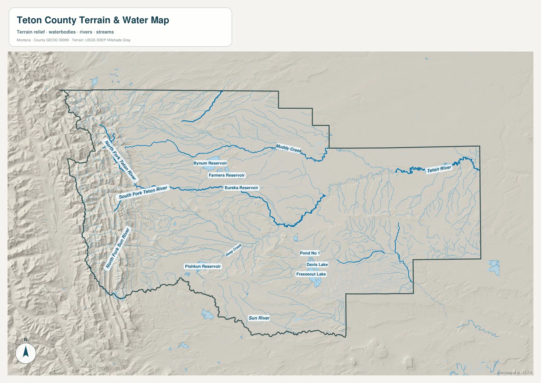 Teton River와 North Fork·South Fork Teton River, Muddy Creek, Deep Creek, Bynum Reservoir, Pishkun Reservoir 등을 표시한 티턴 카운티 수역·지형 지도